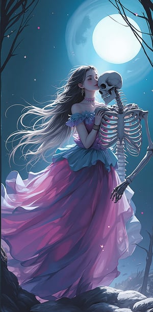 "A lovely woman with a serene smile, wearing a colorful Sailor Moon-inspired costume, spins delicately with a skeleton in her arms. The scene captures an ethereal vibe with moonlight casting soft shadows around them."


( sailormoon style, sailormoon costume, anime style, manhwa style, anime detailers, dynamic poses, dynamic light and shadow )
.