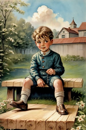 1950s boy sitting on wooden surface outdoors, wearing vintage clothing, sunny day, detailed building in background
.
.
Retro children's illustrations ,Vintage children's illustrations ,Children's storybook illustrations 