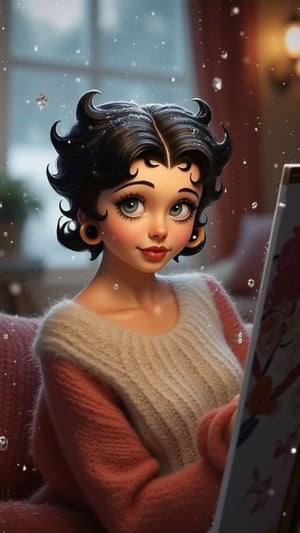 Beautiful woman, 1 girl, portrait of woman, While painting, In the comfortable living room, wearing a thick sweater, the weather outside is snowing, Betty boop style, 