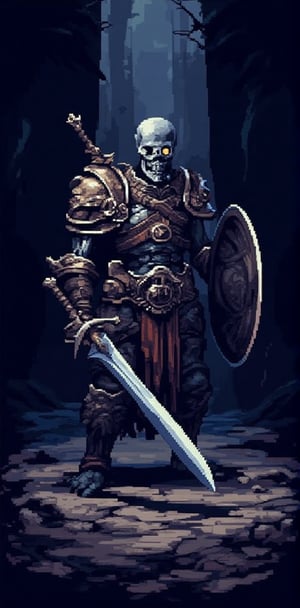 "A pixel art skeleton warrior standing confidently, holding a large sword in one hand and a round shield in the other, with hollow eyes glowing faintly. Background is a dark cave with subtle light beams casting eerie shadows."


( big pixel, pixel, retro pixel game, pixel style, pixel game, ((pixel art style)), pixel detail, pixilated, more pixel detailer,  )