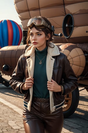 A woman wearing a jacket with fur at the collar, He uses a helmet and goggles, He will prepare to fly using his hot air balloon, 

,Steampunk style