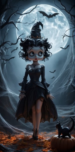 Betty Boop stands beneath a glowing full moon, surrounded by spider webs and autumn leaves. Her iconic curls bounce with each step as she gazes up at the lunar spectacle, a witch's hat perched atop her head. The moon casts an eerie silver glow on her porcelain skin, while a black cat slinks beside her, adding to the spooky ambiance of this All Hallows' Eve scene.,Halloween detailers,Betty boop,Betty boop style