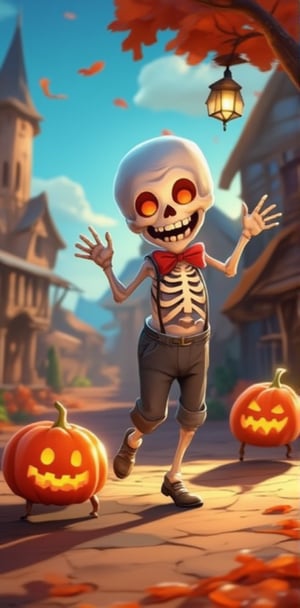 "A joyful skeleton in a bowtie and little suspenders, clapping its bony hands and dancing with tiny pumpkin friends in a magical, Halloween-themed village. The colors are warm, and the characters are illustrated with big, friendly smiles, making it perfect for a children’s storybook."


( Children storybook, cartoon, cartoon style, cartoon detailed object, storybook style, colourful, 2d_animated, dynamic poses,  dynamic light and shadow, )
.