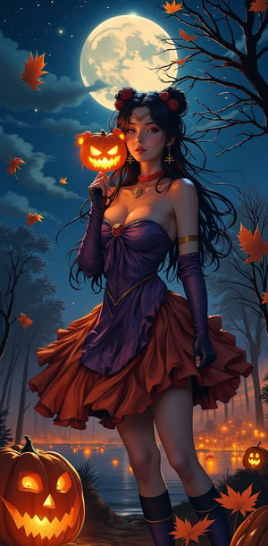 A stunning woman in a Sailor Moon-inspired costume with Halloween colors, holding a pumpkin-shaped lollipop. She stands under a starry night sky with spooky decorations around her—glowing pumpkins, flickering lanterns, and scattered autumn leaves. The woman has a playful, enchanting expression, perfect for Halloween night, with the faint glow of a full moon lighting up the dark and magical atmosphere."



( sailormoon style, sailormoon costume, anime style, manhwa style, anime detailers, dynamic poses, dynamic light and shadow )
.