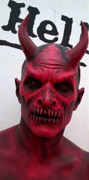 Captured from a close-up, eye-level perspective, a man's face is adorned with a vibrant red demon-like mask. The man's upper body is covered in a dark red body paint, adding a pop of color to the scene. The backdrop, a stark white wall adorned with the word "Hell" in bold black letters. The word "H" is prominently displayed in the upper left corner of the frame, adding depth to the composition.