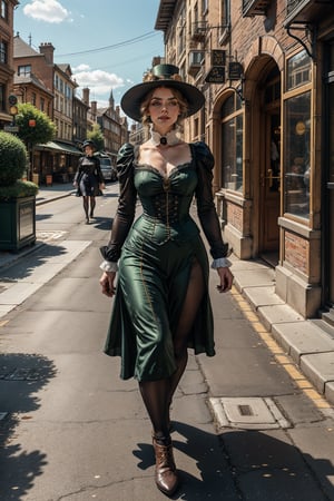 A woman who is walking in the middle of the city, the city advances with machines, She wore a beautiful Victorian era dress, Wearing a typical nobleman's hat, 

,Steampunk style ,Hyper Realistic photo 