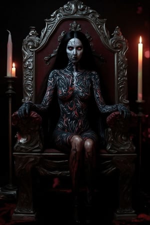 A darkened chamber, lit only by flickering candles, sets the eerie stage. A regal figure, the Queen of Darkness, sits atop a throne, her porcelain skin transformed into a macabre masterpiece with swirling black and red designs. Her eyes gleam with malevolent intent as she surveys her kingdom, her long hair a wild tangle of darkness.