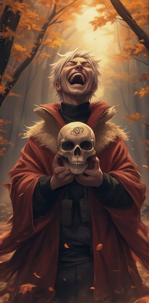 "A man dressed in Naruto-themed attire, grinning widely and laughing as he playfully holds a skull. The background features an autumn forest with leaves falling, creating a mix of spooky and playful vibes."


( naruto style, ((naruto costume:1.2)), manga, naruto detailer, dynamic light and shadow, anime style, anime detailers, manga style, dynamic color,light and shadow)
.