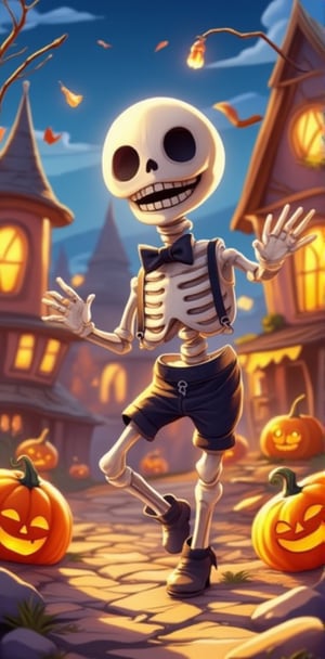 "A joyful skeleton in a bowtie and little suspenders, clapping its bony hands and dancing with tiny pumpkin friends in a magical, Halloween-themed village. The colors are warm, and the characters are illustrated with big, friendly smiles, making it perfect for a children’s storybook."


( Children storybook, cartoon, cartoon style, cartoon detailed object, storybook style, colourful, 2d_animated, dynamic poses,  dynamic light and shadow, )
.