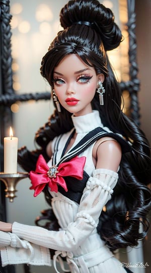 1girl, solo, breasts, looking at viewer, black hair, dress, cleavage, jewelry, medium breasts, upper body, ponytail, earrings, indoors, black dress, lips, window, makeup, lipstick, realistic, candle,Fantasy detailers,Dynamic poses,Movement poses,Fashionable barbie,Barbie doll,Sailor Moon suit and style 