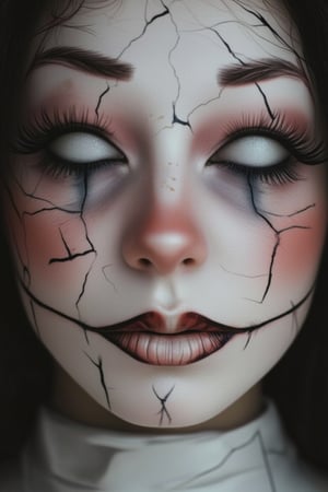 Create a Halloween makeup look inspired by an old, cracked porcelain doll. Use a pale base with over-exaggerated blush on the cheeks, large, doll-like eyes using white eyeliner, and painted-on lower lashes. Draw cracks across the face, and add a sinister smile with overdrawn lips.