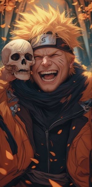 "A man dressed in Naruto-themed attire, grinning widely and laughing as he playfully holds a skull. The background features an autumn forest with leaves falling, creating a mix of spooky and playful vibes."


( naruto style, ((naruto costume:1.2)), manga, naruto detailer, dynamic light and shadow, anime style, anime detailers, manga style, dynamic color,light and shadow)
.