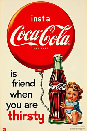 Coca Cola advertisement, there is an advertisement saying "Coca Cola is your friend when you are thirsty", American vintage Illustrations 