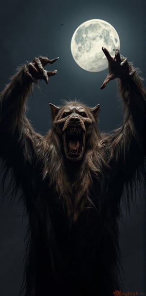 A terrifying moment of transformation as a person turns into a werewolf. The hands become claws, fur bursts from the skin, and the face elongates into a snout under the light of a full moon.

