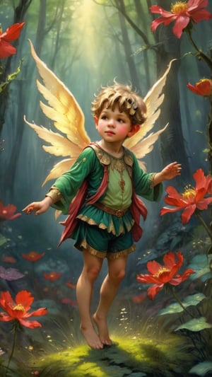 Little boy fairy with wings
Small fairy boy in green clothes
Red strange flower
Unseen magical flower with large glowing petals
Enchanted forest background
Fairy touching glowing flower
Golden pollen in the air
Mystical atmosphere, bright colors
.
Dynamic poses, dynamic scenes, wide shoot, 

retro children's illustration,Vintage children's illustrations, more detail, high_resolution, 8k, hyper detailed, ultra HD, 