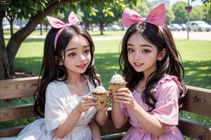 Rani, a bright-eyed 7-year-old with flowing brown hair and emerald green eyes, Mittens, a spunky white cat with black spots
((Rani put on her favorite pink dress and tied her hair with a red ribbon)).
((Lintang had long black hair and big brown eyes)). 

While enjoying their ice cream, Rani and Lintang chatted about many things. They shared stories about their families, friends, and hobbies. Their laughter and chatter filled the park air, adding to the joyous atmosphere.