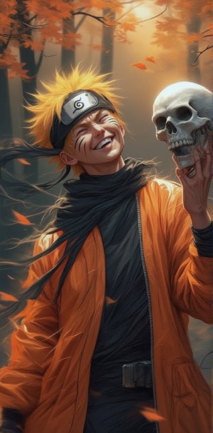 "A man dressed in Naruto-themed attire, grinning widely and laughing as he playfully holds a skull. The background features an autumn forest with leaves falling, creating a mix of spooky and playful vibes."


( naruto style, ((naruto costume:1.2)), manga, naruto detailer, dynamic light and shadow, anime style, anime detailers, manga style, dynamic color,light and shadow)
.