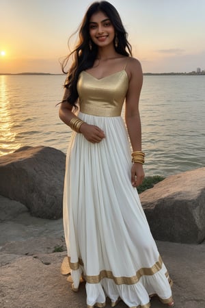 South Asian woman with long, flowing black hair and vibrant green eyes, wearing a flowing white sundress with gold bangles, smiles confidently as she holds her hand on her hip, elbow slightly bent, with a dramatic sunset casting a warm glow on her face.