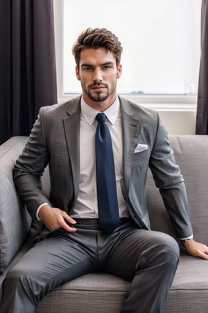 solo, looking at viewer, short hair, shirt, 1boy, sitting, jacket, male focus, necktie, pants, indoors, spread legs, window, facial hair, formal, suit, couch, beard, bulge, mature male, grey pants, on couch