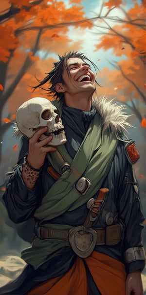 "A man dressed in Naruto-themed attire, grinning widely and laughing as he playfully holds a skull. The background features an autumn forest with leaves falling, creating a mix of spooky and playful vibes."


( naruto style, ((naruto costume:1.2)), manga, naruto detailer, dynamic light and shadow, anime style, anime detailers, manga style, dynamic color,light and shadow)
.