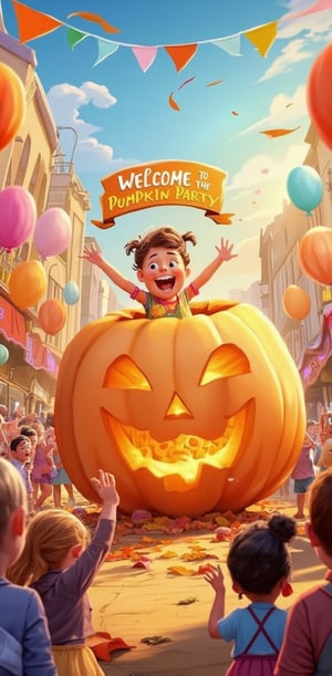 Illustrate a delightful moment as a girl with pigtails and a playful expression bursts out of a huge, smiling pumpkin. Colorful balloons float in the air, and a banner reads "Welcome to the Pumpkin Party!" Children of different backgrounds gather around, cheering and laughing, with a festive atmosphere all around.

( Children storybook, cartoon, cartoon style, cartoon detailed object, storybook style, colourful, 2d_animated, dynamic poses,  dynamic light and shadow, )
.