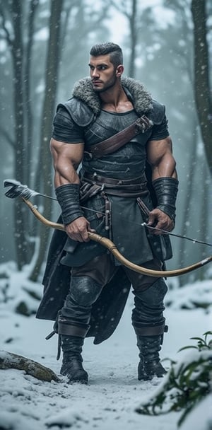 "Amidst a gentle snowfall, a handsome archer with a strong jawline and determined expression stands, bow in hand, scanning his surroundings. He is dressed in dark leather armor, fur-lined to protect against the cold, and his quiver is full of arrows, ready for a silent hunt in the frozen woods."





( silverjow style, muscular male characters, Bara art style, Masculine character design, Detailed muscle anatomy, Bara manga, bara comics, hyper detail, more detail xl, dynamic poses, dynamic light and shadow, )
.