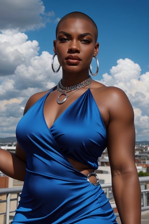 Black woman with a shaved head and piercing blue eyes, wearing a bold, asymmetrical red dress with a chunky silver necklace, strikes a powerful pose, arm raised with a slight bend at the elbow, showcasing her strength and determination against a backdrop of fluffy white clouds and a bright blue sky.