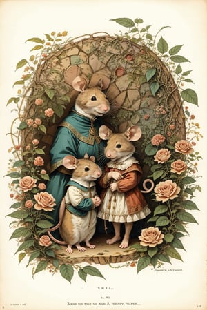 Children's storybook illustrations, Anthropomorphic, anthropomorphism, classic storybook style, cartoon, flat cartoon styles, flat color, fantasy style, fantasy creatures, fairytale illustrations, exaggerated, naive, old vintage children's art, old children storybook, 
.
( Anthropomorphic mouse, 1mouse),
.
Mimi smiles faintly, feeling a bit better. She realizes that despite her sadness, she is not alone. The rose garden and her small friends are always there to support her, their presence a comforting embrace,
.
Old vintage paper, old vintage storybook illustrations,Old vintage photography 