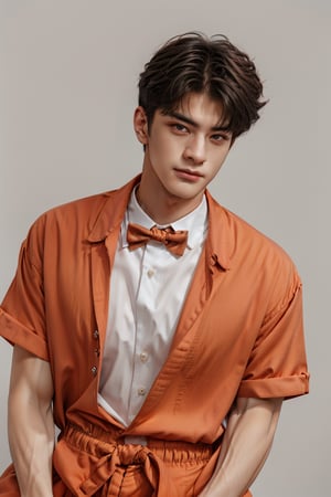 Portrait of handsome model, wearing orange t-shirt, Jumpsuit, Bow tie,  white background 