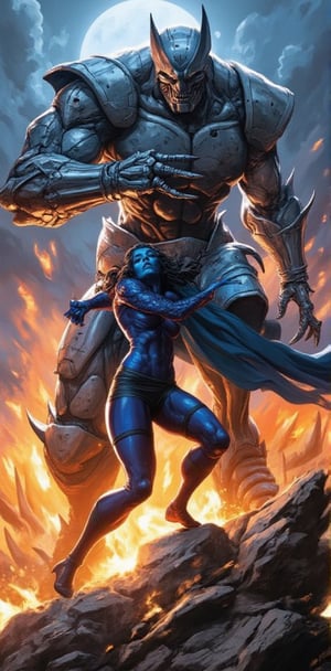 "Amidst a fiery battlefield, Mystique and a steel skeleton clash under a stormy sky. Her vibrant blue figure contrasts against the silver, armored skeleton, which raises its massive clawed hand for a strike, while Mystique prepares to counter with agility and skill."



( Marvel comic style, marvel superhero, marvel comic, comic detailer, american comic, dynamic poses, dynamic light and shadow )
.