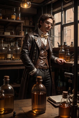 A male scientist, eccentric in style, is in the laboratory, Lots of experimental bottles, steam, machines,  

,Steampunk style 