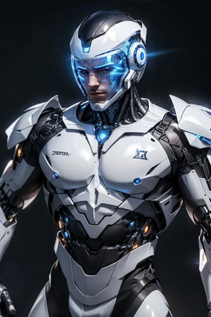 handsome man with robot body, wearing transparent helmet Until you can see part of his face, his chest transparent,Cyborg detailers,Fantasy detailers,Dynamic poses,Movement poses 