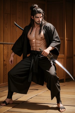 Handsome man, facial hair, Long hair, Wearing a black kimono, You can see his chest, Many scars from sword cuts, Using a conical hat made of wicker, Holding a samurai, the location is on the battlefield, Action poses, full body, 
Hyper Realistic photo ,Manhwa style 