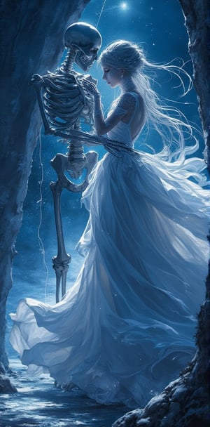 "An enchanting woman dressed in a Sailor Moon-style costume with a flowing skirt and glittering accessories, sharing an elegant dance with a skeleton partner. They move together under a starlit sky, creating an eerie yet romantic atmosphere."



( sailormoon style, sailormoon costume, anime style, manhwa style, anime detailers, dynamic poses, dynamic light and shadow )
.