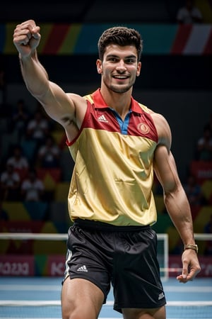 triumphant young man stands on a badminton court, his face filled with emotion and sweat, as he holds up a gold medal at the 2024 Olympics, with the crowd cheering in the background.",Photorealistic man,Photography,Dynamic poses,Movement poses 