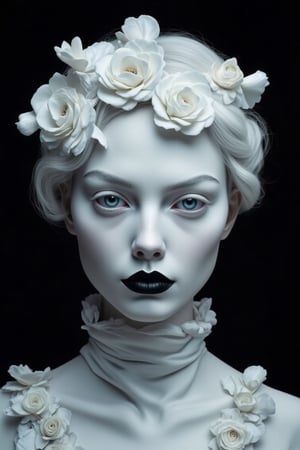 a 3D rendering of a woman's face is adorned with a white dress adorned with white flowers. Her hair is styled in a wavy bob, and her eyes are a piercing blue. Her lips are painted black, adding a touch of black to her face. The background is a stark black, creating a striking contrast to the woman's white dress.