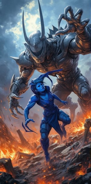 "Amidst a fiery battlefield, Mystique and a steel skeleton clash under a stormy sky. Her vibrant blue figure contrasts against the silver, armored skeleton, which raises its massive clawed hand for a strike, while Mystique prepares to counter with agility and skill."



( Marvel comic style, marvel superhero, marvel comic, comic detailer, american comic, dynamic poses, dynamic light and shadow )
.