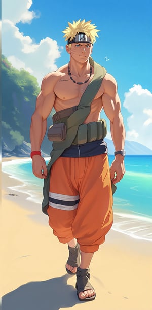 A strong man with toned muscles strolling on a sandy beach with the ocean in the background and gentle waves touching the shore.

( naruto style, naruto costume, manga, naruto detailer, dynamic light and shadow, anime style, anime detailers, manga style, dynamic color,light and shadow)
.