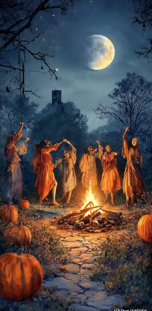 "A dreamy watercolor scene of a moonlit Halloween party outdoors, with guests dancing around a bonfire and pumpkins lighting up the area. The sky is a deep navy with stars, and the glowing jack-o'-lanterns cast soft, flickering lights. The brushstrokes emphasize the festive, warm vibes of Halloween night

( watercolor painting art style, transparency, painting, watercolor splatter, (( watercolor painting effect )), watercolor painting brush, watercolor painting style, brush stroke, watercolor edge, watercolor painting detailers, dynamic light and shadow, )
.