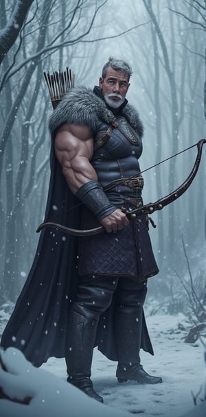 "Amidst a gentle snowfall, a handsome archer with a strong jawline and determined expression stands, bow in hand, scanning his surroundings. He is dressed in dark leather armor, fur-lined to protect against the cold, and his quiver is full of arrows, ready for a silent hunt in the frozen woods."





( silverjow style, muscular male characters, Bara art style, Masculine character design, Detailed muscle anatomy, Bara manga, bara comics, hyper detail, more detail xl, dynamic poses, dynamic light and shadow, )
.