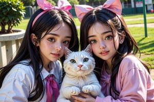 Rani, a bright-eyed 7-year-old with flowing brown hair and emerald green eyes, Mittens, a spunky white cat with black spots
((Rani put on her favorite pink dress and tied her hair with a red ribbon)).

At the park, Rani stumbled upon another girl named Lintang. ((Lintang had long black hair and big brown eyes)). The two quickly hit it off and played together gleefully. Mittens even joined in their fun, chasing a tennis ball thrown by Lintang.