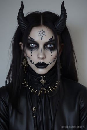 solo, long hair, looking at viewer, blue eyes, black hair, 1boy, jewelry, jacket, upper body, male focus, earrings, horns, grey background, collar, black jacket, makeup, facial mark, cross, lipstick, demon horns, spikes, leather, spiked collar, pentagram, gothic, black lips