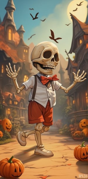 "A joyful skeleton in a bowtie and little suspenders, clapping its bony hands and dancing with tiny pumpkin friends in a magical, Halloween-themed village. The colors are warm, and the characters are illustrated with big, friendly smiles, making it perfect for a children’s storybook."


( Children storybook, cartoon, cartoon style, cartoon detailed object, storybook style, colourful, 2d_animated, dynamic poses,  dynamic light and shadow, )
.