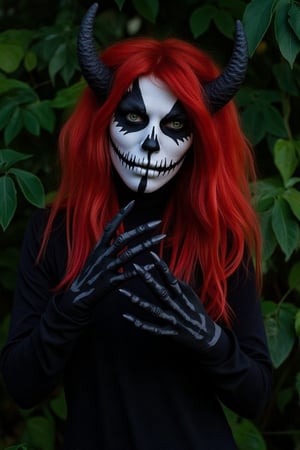 a vibrant red haired woman stands in front of a backdrop of lush green foliage. She is dressed in a black long-sleeved shirt, adorned with a black and white face paint. Her face is adorned with two black horns on either side of her head, adding a pop of color to her face. Her hair is cascading over her shoulders, framing her face, adding depth to the composition. The woman's hands are positioned in a way that creates a sense of balance.