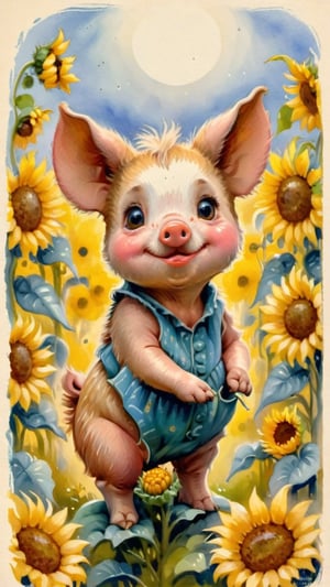 Little piglet looking at sunflowers
Bright morning sun
Field of tall sunflowers
Piglet sitting and gazing at sunflowers
Sunflower petals shining under the sun
Happy piglet in a sunflower field
Largest sunflower found
Piglet running home excitedly
.
Dynamic poses, 

retro children's illustrations,Vintage children's illustrations, perfect face, perfect eyes, perfect finger, Child Storybook illustrations, Children's storybook illustrations, simple shape, Hand drawings, child drawings, big eyes, Eyes sparkling, child storybook, hand-drawn characters, cute cartoon, clipart illustrations, watercolor illustrations, whimsical, adorable, simple object, colorful, simple shape, adoreble illustrations, 2D,Vintage American illustration's 