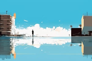 At beach, Above building, Cover art by pascal campion, Blue sky, clouds, far shot, water reflection 