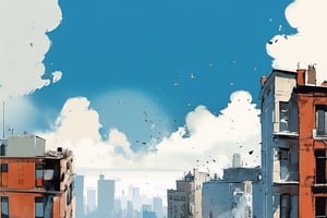 Above building, Cover art by pascal campion, Blue sky, clouds, far shot,
Low percepective
