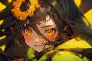 1adlut girl, long black hair, yellow eye, tall, blushing, looking_at_viewer,front pov, stylish outfit,majestic