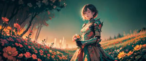 woman holding a bokeh of wild flowers, flower dress, colorful, darl background,flower armor,green theme,exposure blend, medium shot, bokeh, (hdr:1.4), high contrast, (cinematic, teal and orange:0.85), (muted colors, dim colors, soothing tones:1.3), low saturation,