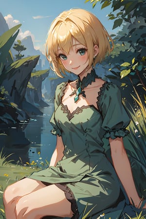 1girl, fantasy dress, blonde short hair, sitting on grassland, smile, waiting boyfriend kiss